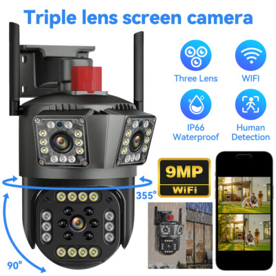 3 Lens Camaras De Seguridad Para Exterior 9MP HD WIFI Con Vision Nocturna Audio