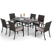 7Pcs Outdoor Patio Dining Set Rectangular Table Rattan Wicker Chairs w/Cushion