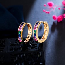Multicolor Rainbow CZ Gold Plated Cute Square Round Hoop Earring for Women Party