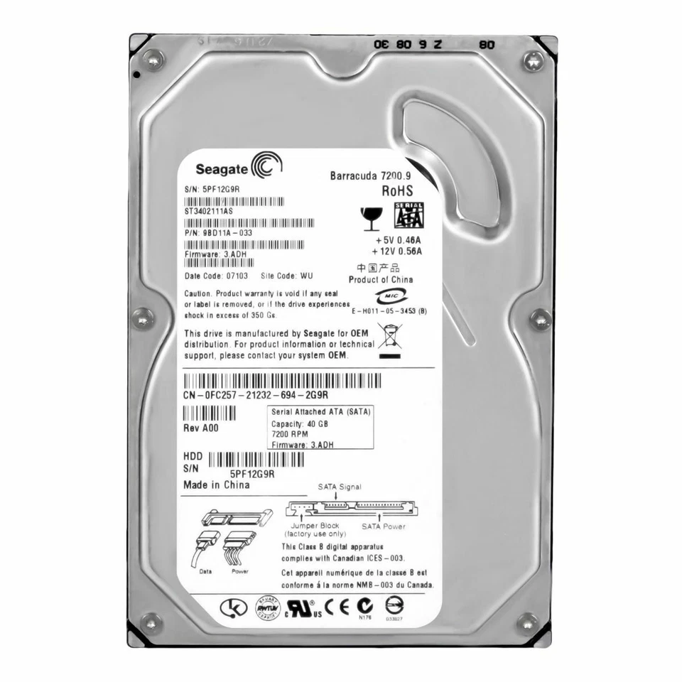 Disco Rigido Seagate Barracuda 7200.9 ST3402111AS 40GB 7.2K 2MB SATA II 3.5'' - Immagine 3 di 3