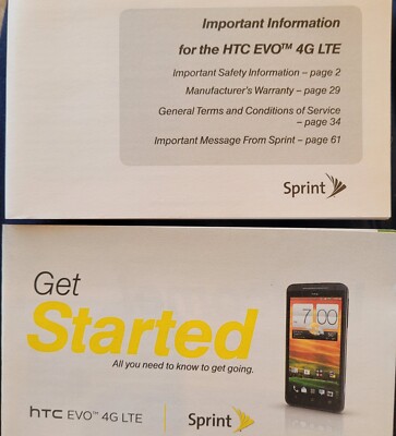 HTC EVO 4G LTE Sprint: SET of TWO Manuals Incl. ''Get Started'' & Imp Info HOW TO