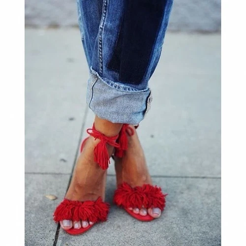 Fringe Red Sandals Tassels Strappy Stiletto Heels Shoes Women Plus US Size 3-16 - Picture 5 of 22