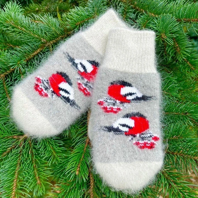 Mitones cálidos de invierno de angora para mujer | Mitones de punto 100 % lana de angora natural Foto 4 de 4