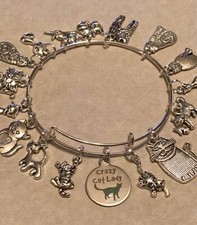 CRAZY CAT LADY Chram Bracelet 16 cat charms Love Cats Fun Gift silvertone bangle