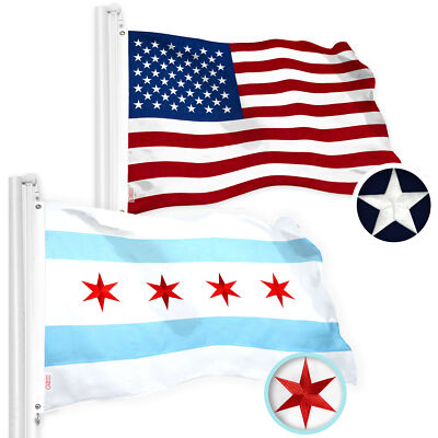 USA American Flag & Chicago Flag 3x5FT Combo Combo Embroidered Spun Polyester
