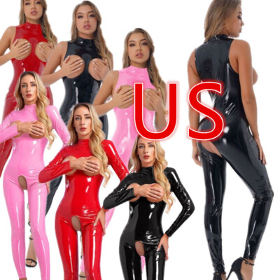 Womens Shiny Leather Latex Lingerie  Catsuit Bare Breast Hollow Out Bodysuit