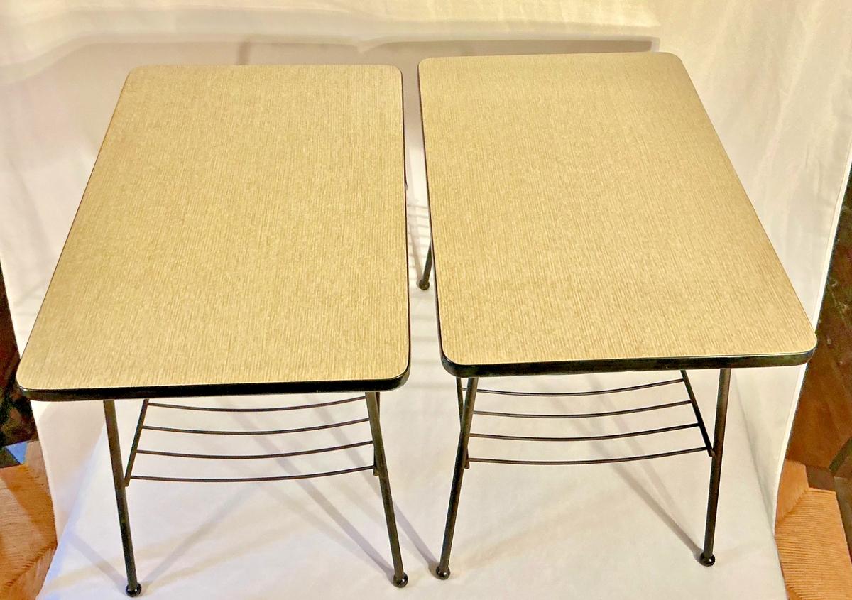 PAIR 1950s Atomic MCM Iron & Laminate Top End Tables with