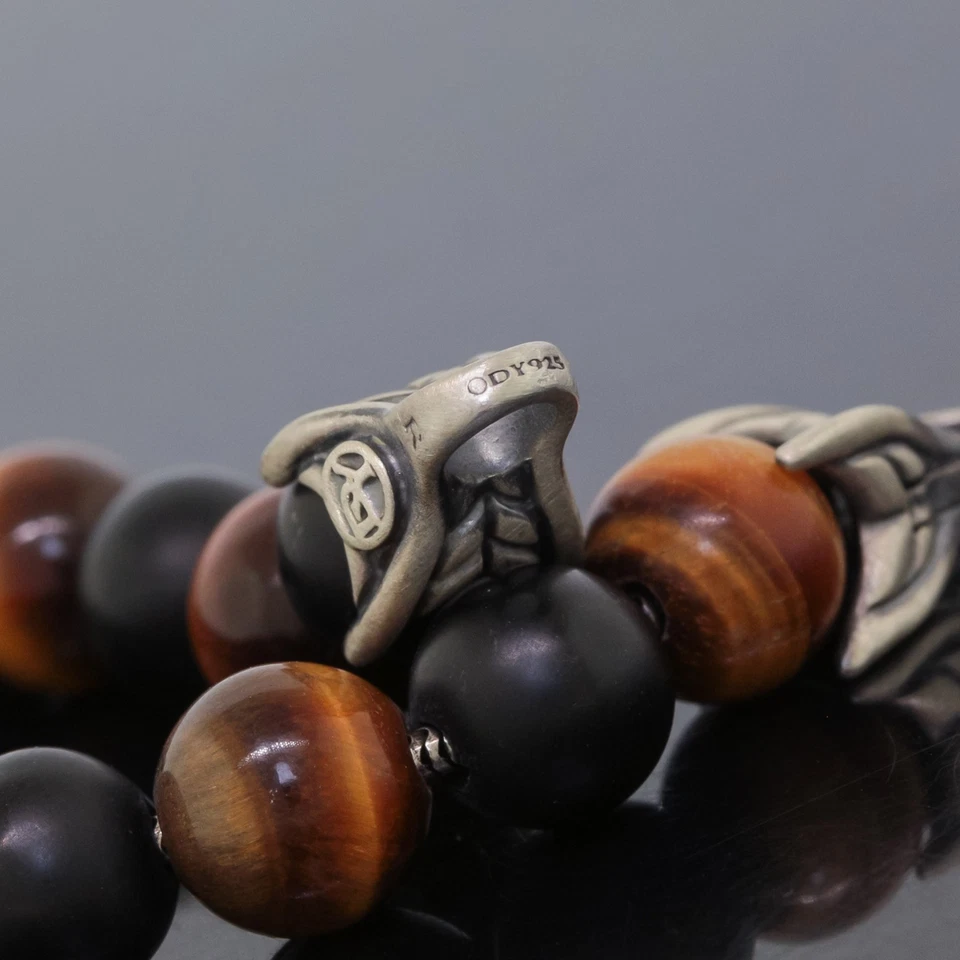Pulsera de cuentas espirituales D.Yurman para hombre plateada 8 mm de ónix negro y ojo de tigre 8" Foto 4 de 4