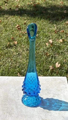 Vintage Fenton Blue Hobnail Swung Stretch Bud Vase 10 ” Tall MCM