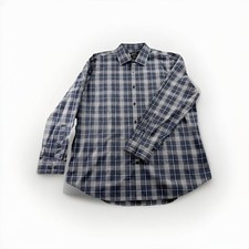 DKNY Men s Long Sleeve Dress Shirt 17.5 34/35 Blue Plaid Stretch Cotton