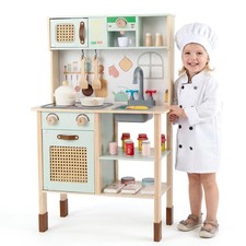 Kids Play Kitchen Wooden Pretend Kitchen Playset w/ Rattan Doors Wood Legs