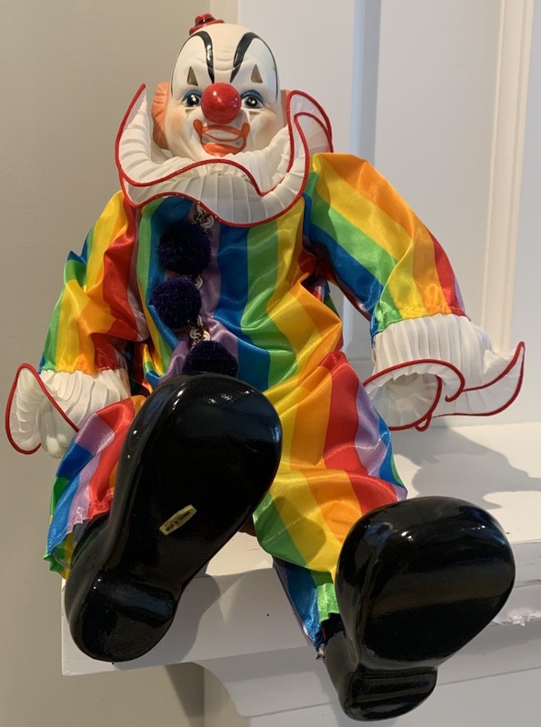 Porcelain Clown Doll Rainbow Striped Costume Ruffled Collar Blue Eyes Curly