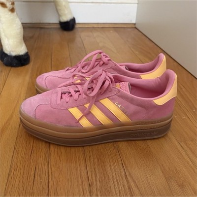adidas Gazelle Women s Pink/Yellow Suede Low Top Lace-Up Sneakers Rubber Sole