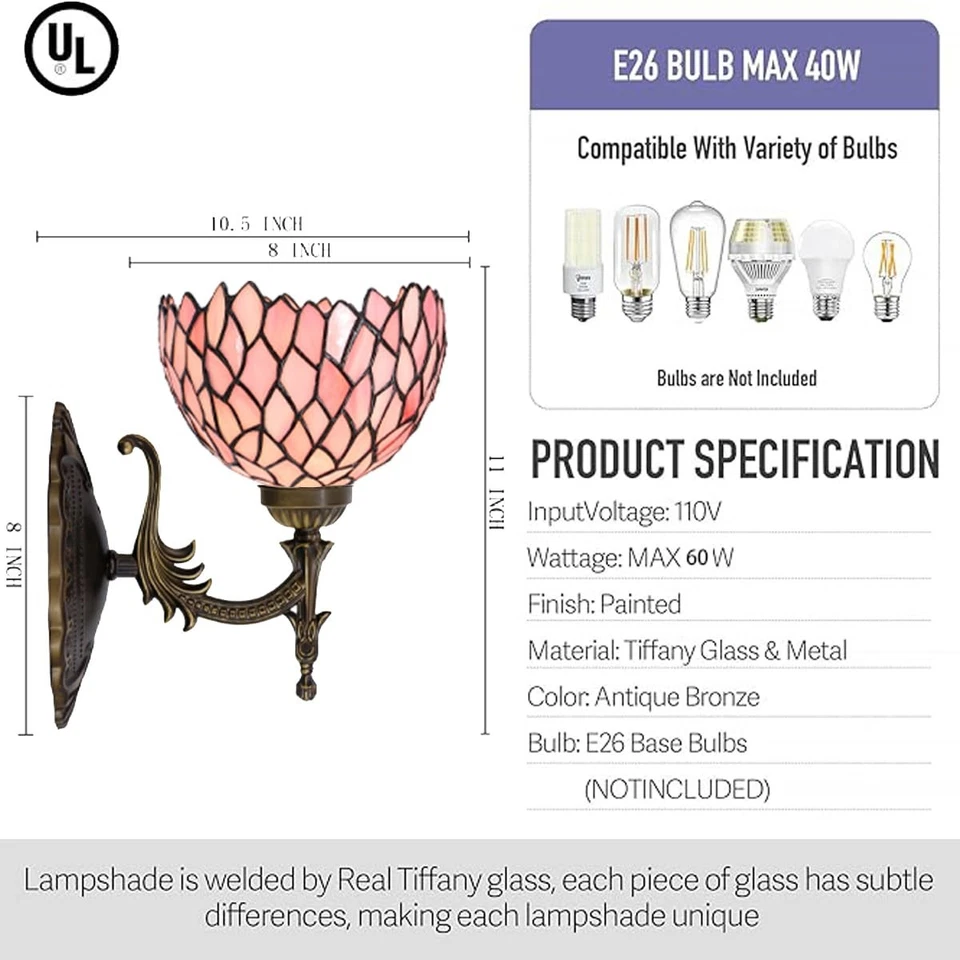 Aplique de pared Tiffany enchufable vitral lámpara de noche 8X10,5X11 pulgadas para Hal... Foto 2 de 4