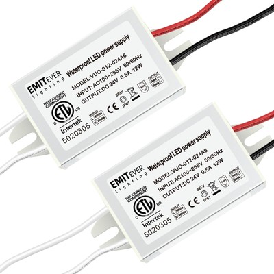 24Volt LED Power Supply Driver 12W 2-Pack, ETL Listed Waterproof IP67 Low Vol...
