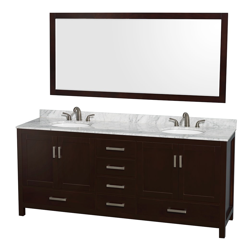 Wyndham Collection WCS141480DESCMUNOM70 Sheffield 80 Inch Double Bathroom Vanity in Espresso White Carrera Marble