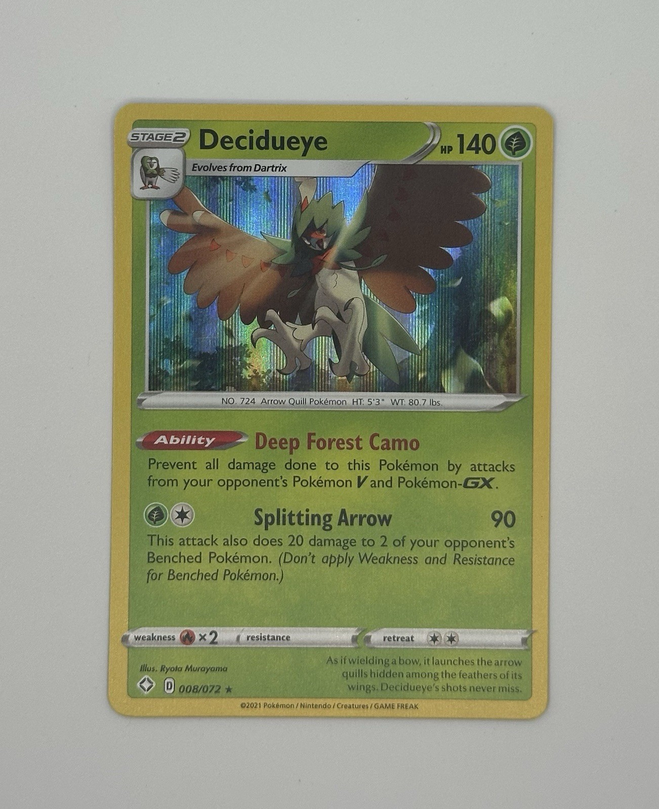 Pokemon Shining Fates Holo Decidueye 8/72 Near Mint