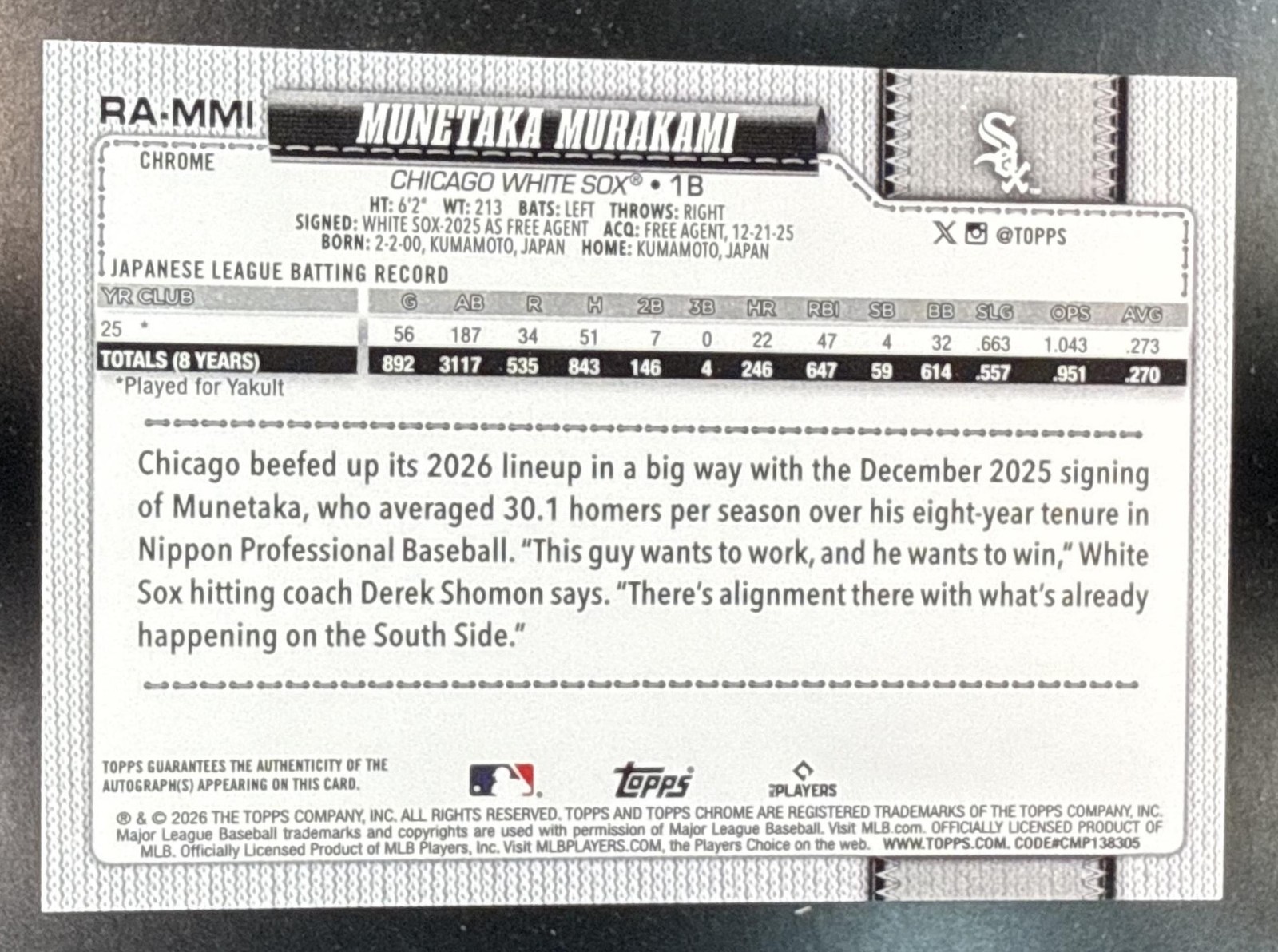 2026 Topps Chrome LogoFractor Munetaka Murakami Rookie Auto Gold 24/50 RC view 2