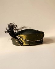 Vintage 1950s Olive Green Satin Pillbox Hat   Rhinestone Trim  Feather