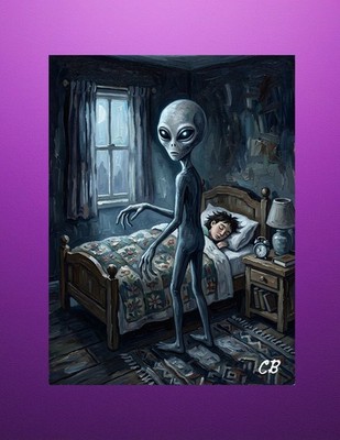 Grey Alien Bedroom ACEO Print | UFO Abduction Folk Art | Sleeping Boy