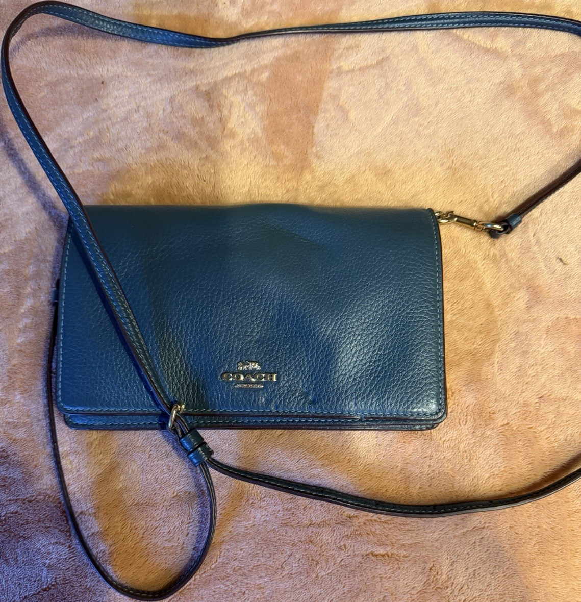 Coach Blue Pebbled Crossbody Bag Snap Flap Zip Pocket Detachable Strap Gold