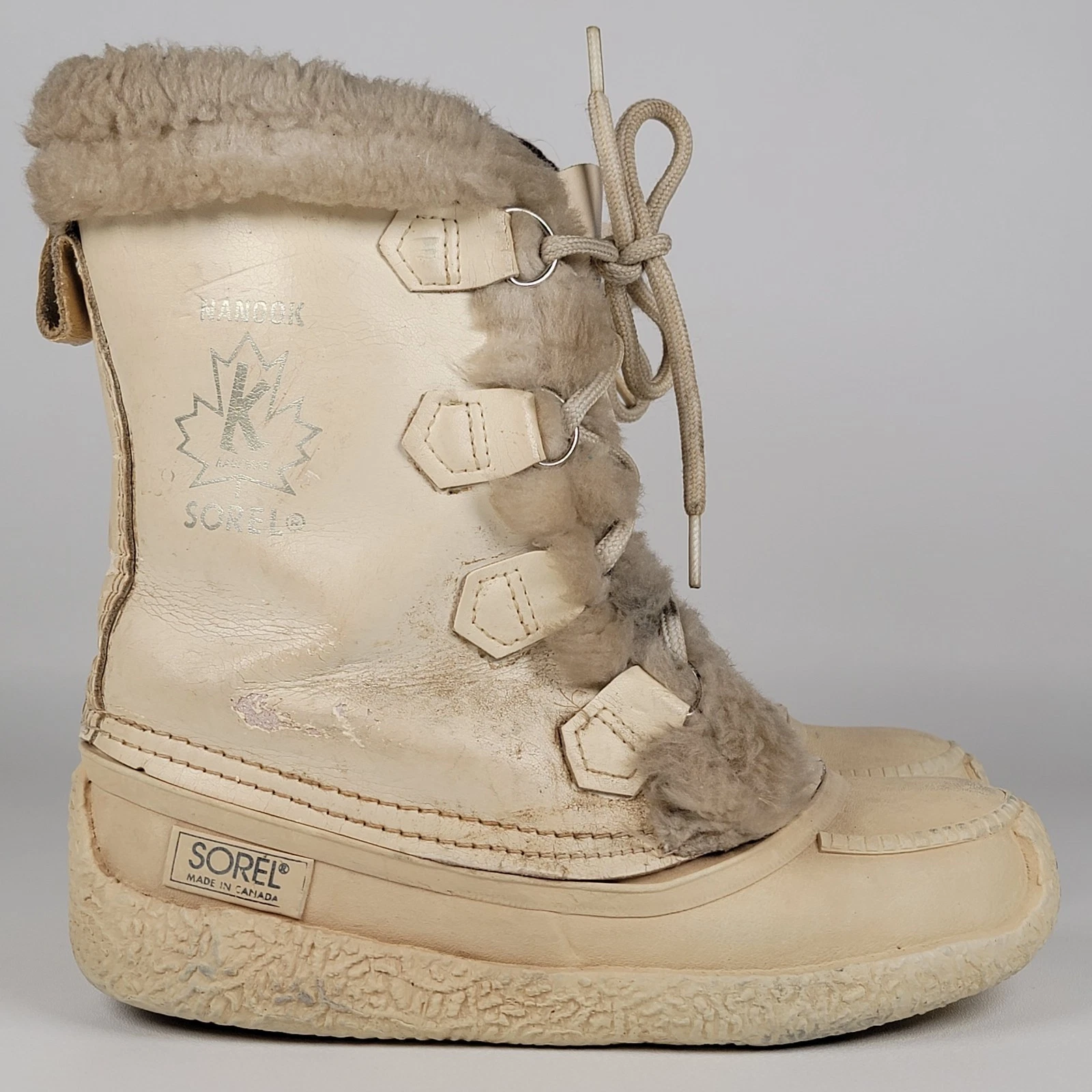 Vintage SOREL Nanook Womens Size 5 Ivory Fur Trim Lace Up f Snow Boots