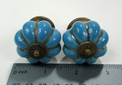 #ad 2 Vintage Porcelain Blue Gold Door Knobs Cabinet Drawer Pulls Brass Tone $8.72