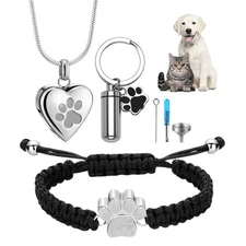 3PC Pet Cremation Jewelry for Ashes Dog Cat Keychain Heart Urn Necklace Bracelet