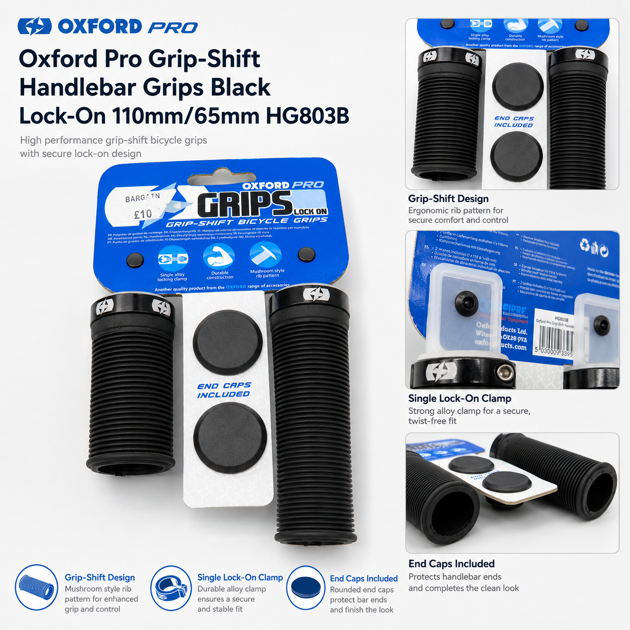 Oxford Pro Grip-Shift Handlebar Grips Black Lock-On 110mm/65mm HG803B
