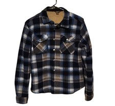 Eddie Bauer Fleece Jacket Sherpa Lined Snap Front Blue Plaid Kids Size 14/16