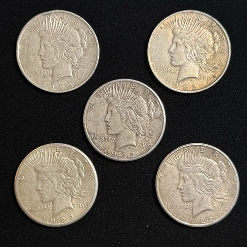 5 Lot - 1922 Mixed Peace Dollars - VF Condition - 90% Silver 1 Dollar Pieces