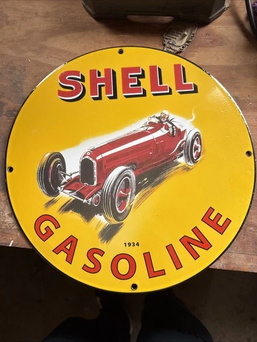 VINTAGE SHELL PORCELAIN SIGN RACE CAR MOTOR OIL GAS PUMP PLATE 11.75”
