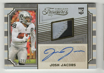 JOSH JACOBS RC RPA 2019 PANINI TIMELESS TREASURES PATCH AUTO #/25