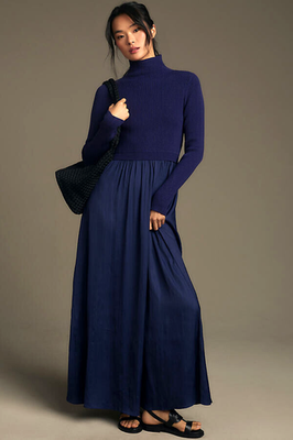 Anthropologie The Thea Twofer Maxi Sweater Dress Turtleneck Dark Blue XL  NWT | eBay
