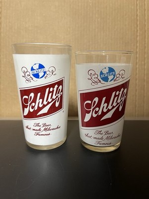 Schlitz Beer Glasses Vintage  2 Different Sizes Retro Red Logo    Excellent
