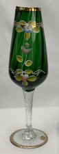 Vintage Murano Italy Emerald Green Glass Vase Hand Painted Tre Fuochi Gold Gilt