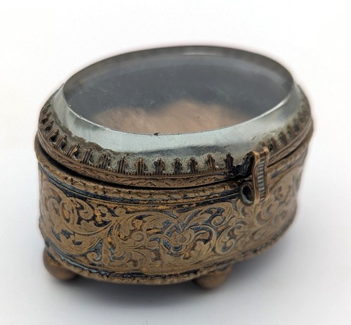 French Ormolu Beveled 19thc Glass Brass Filigree Ornate Ring/Jewelry Casket