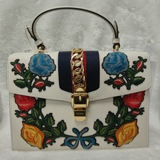 Gucci White Leather Web Stripe Floral Embroid...