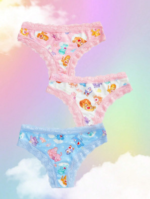 Women's Kawaii Cartoon Cute Care Bears Lace Cheeky Panties - Pack of 3