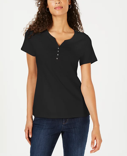Karen Scott Womens Size Small Short Sleeve Cotton Henley Top in Deep Black 1408