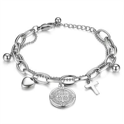 Women Saint St Benedict Medal Bracelet Stainless Steel Crucifix Cross Exorcism