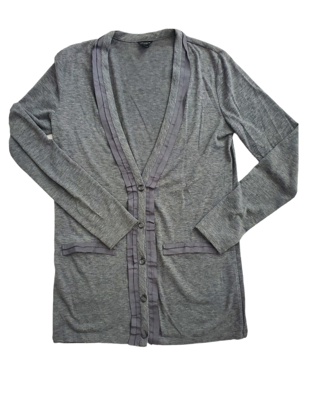 Cárdigan túnica Ann Taylor cuello en V gris grano grueso botón frontal-image