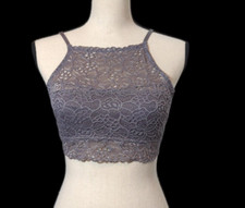 Womens Sz L High Neck Bralette Gray Lace Crochet Adjustable Straps Coquette Girl