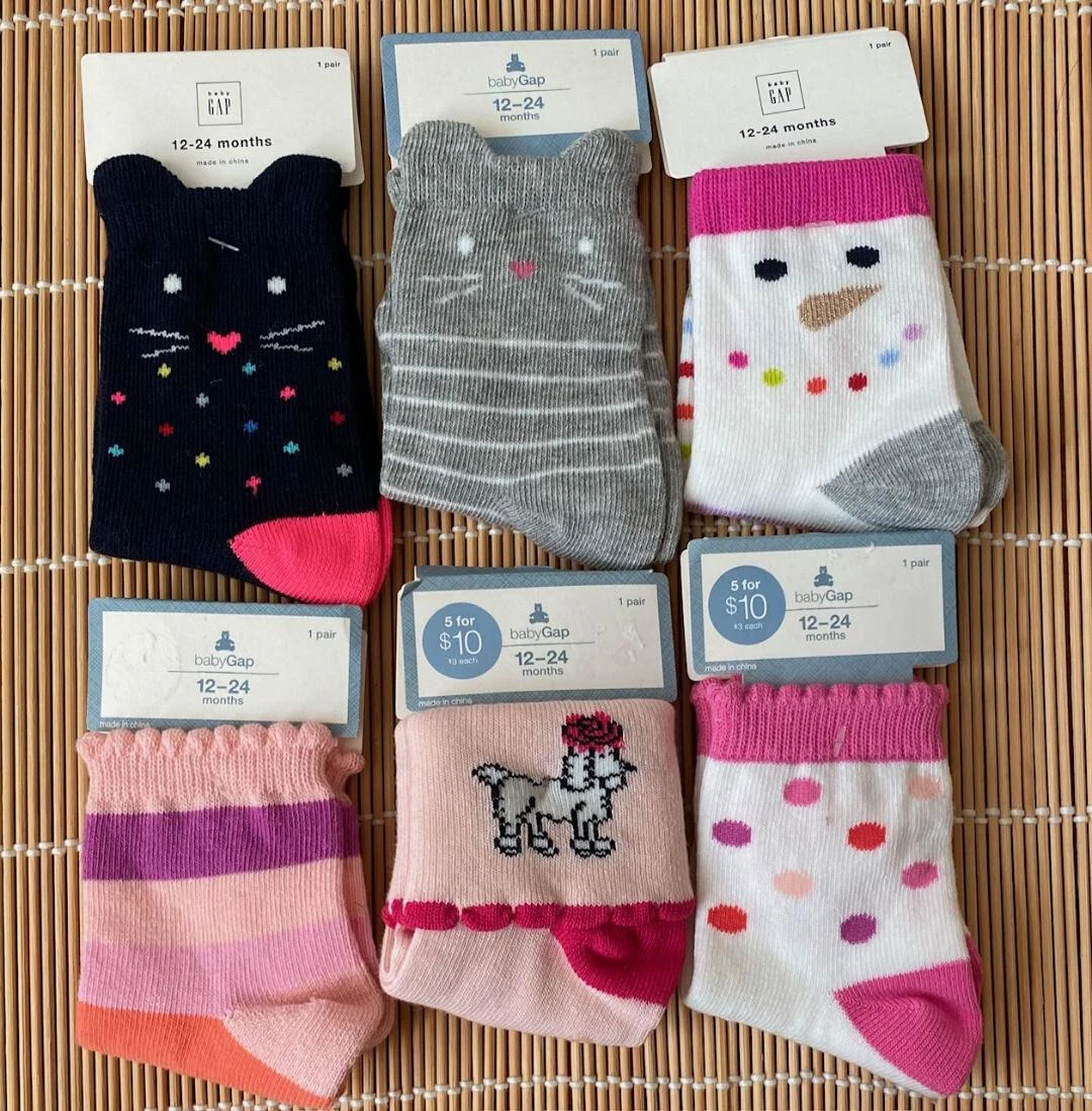 Baby Gap Socks 6 pairs GIRLS 12-24 Months Cat Snowman Dog Dots Stripes Set #1