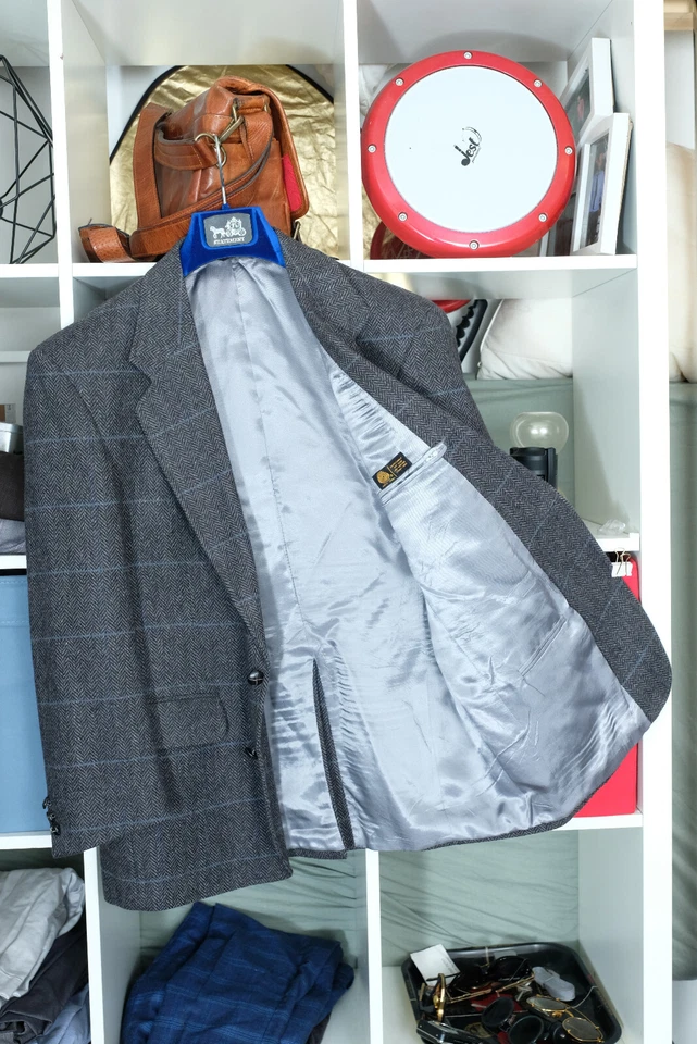 CHAQUETA BLAZER ABRIGO DEPORTIVO VINTAGE AÑOS 80 100% lana tweed ventana cuadros 42S Foto 2 de 3