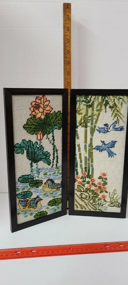 Needlepoint Picture. Birds flowers pond 2 panel picture - Image 2 of 4