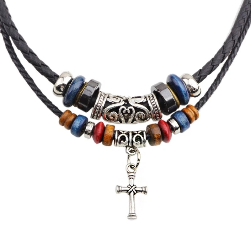 Womens leather on sale necklace with cross