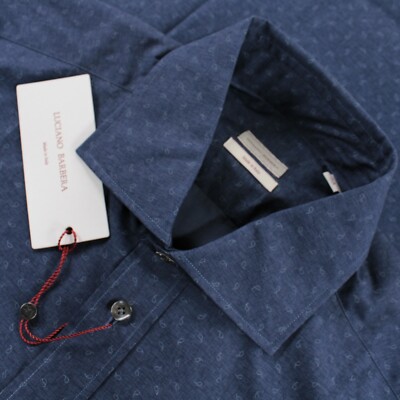Luciano Barbera NWT Button Up Sport Shirt Size M Slim In Blue W/ White Paisley
