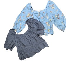 2 New ANA Tops Women's 3xl Boho Floral & Solid Smocked Puff Sleeve Blue Set