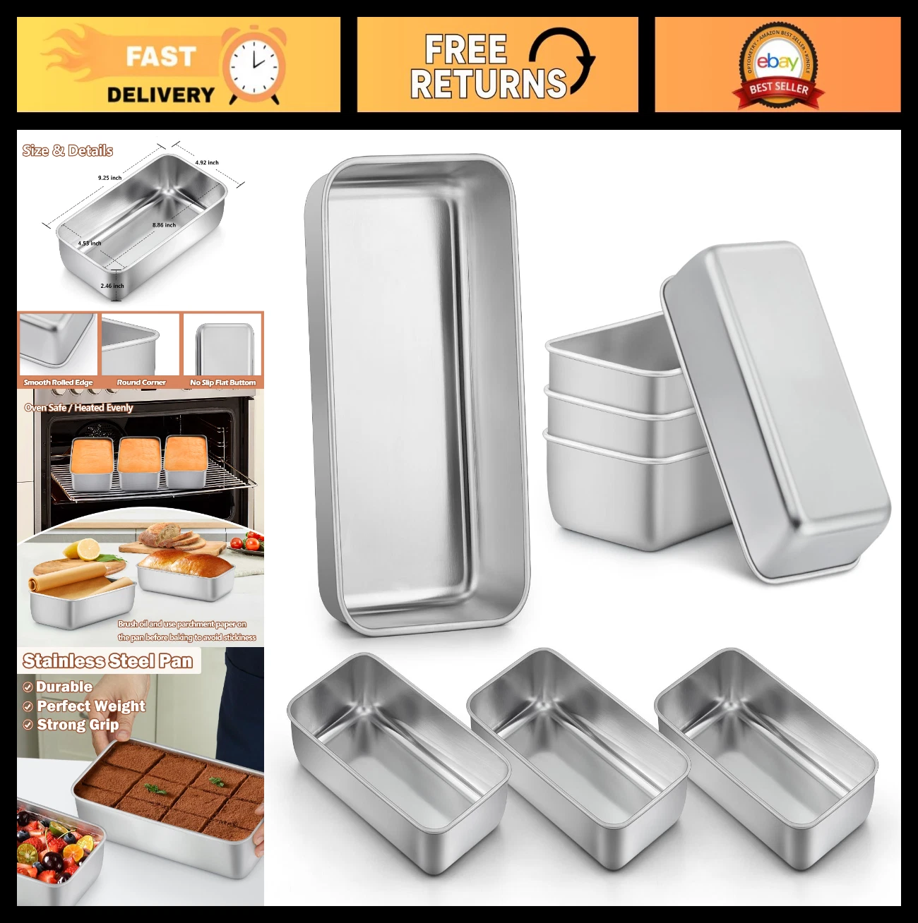 9x5 Inch Loaf Pans - 8 Pack Stainless Steel Baking Tins for Bread, Brownies, Cak